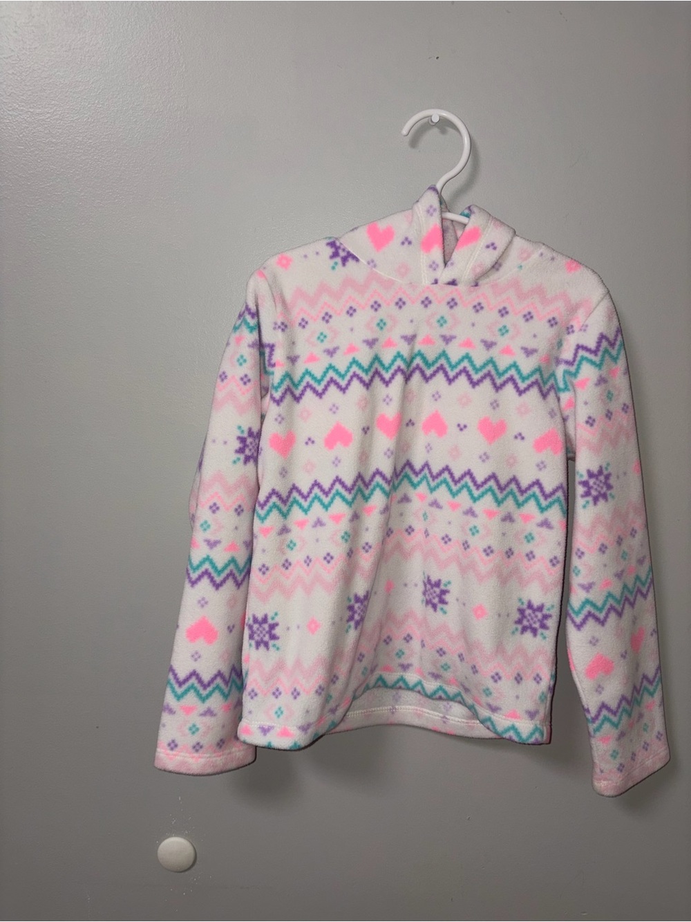 The Children’s Place White Fleece Hearts Zig Zags Stars Pullover Hoodie S 5/6